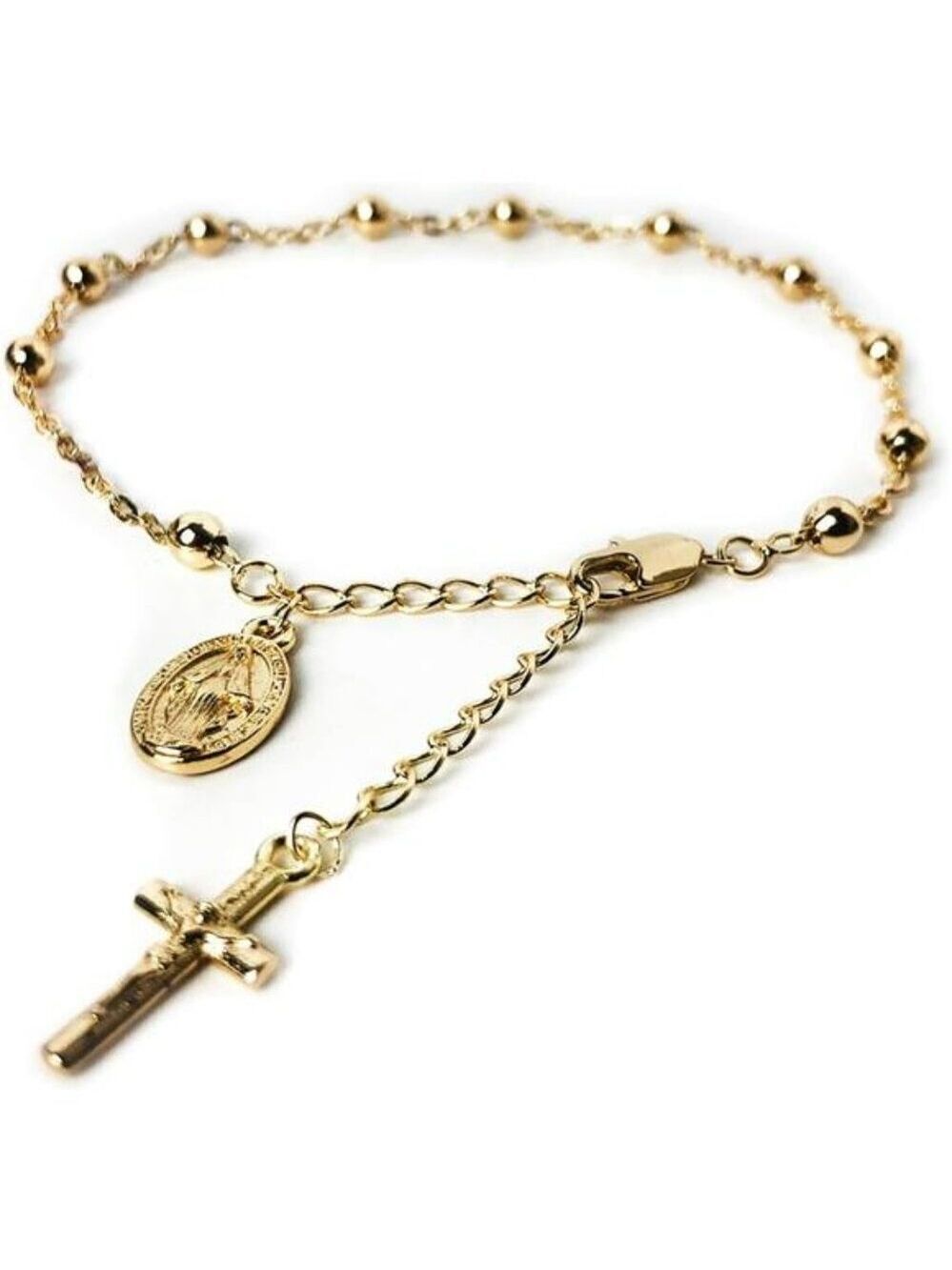 Gold Rosary Bracelet Catholic Jewelry Our Lady of Graces Medal Crucifix Charm Gi